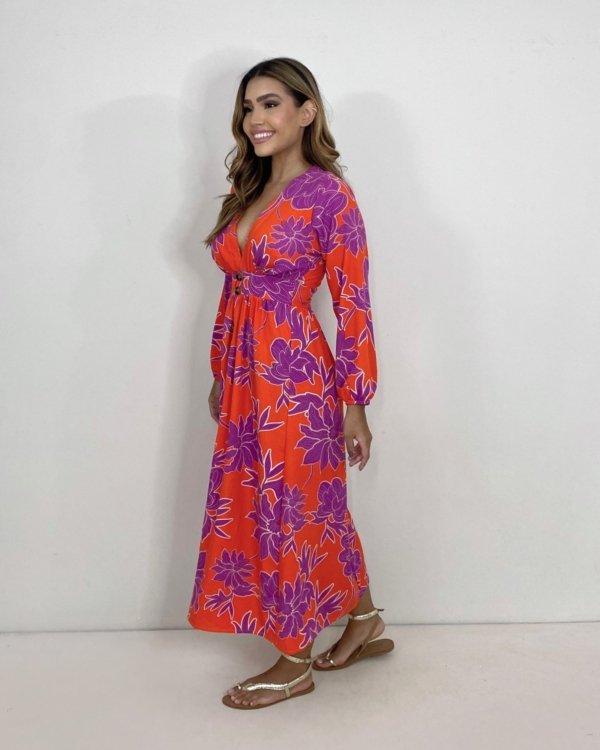 Vestido Clara - Floral Fundo Laranja