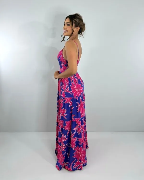 Vestido Cátia - Floral Fundo Azul
