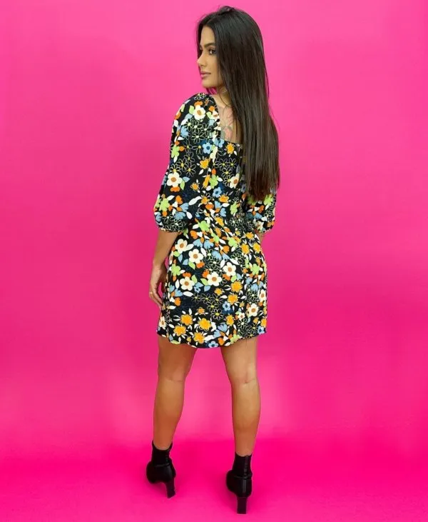 Vestido Tatiane - Floral Colorido Fundo Preto
