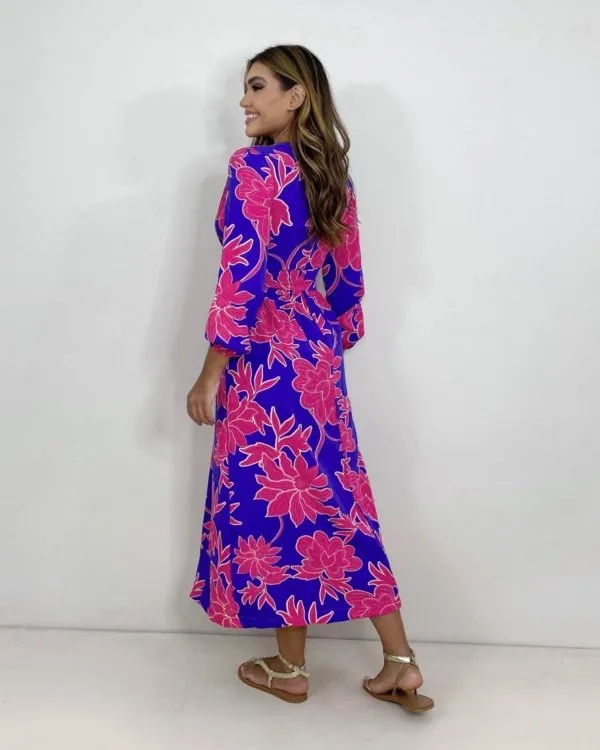 Vestido Clara - Floral Fundo Azul