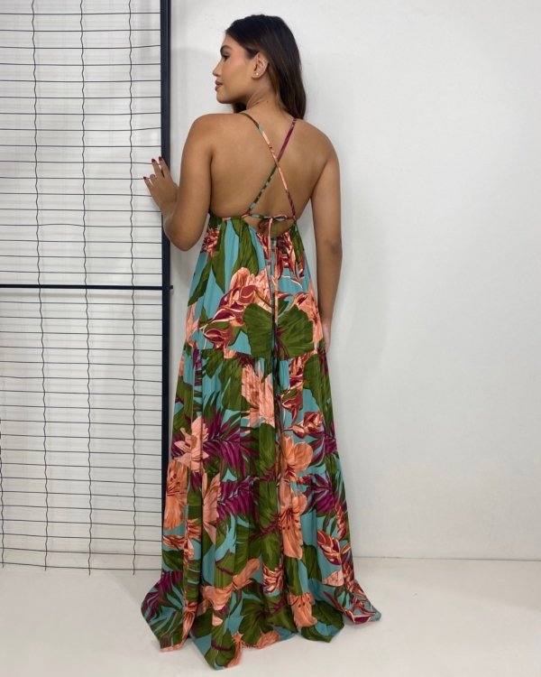 Vestido Sophia - Floral Fundo Azul Turquesa