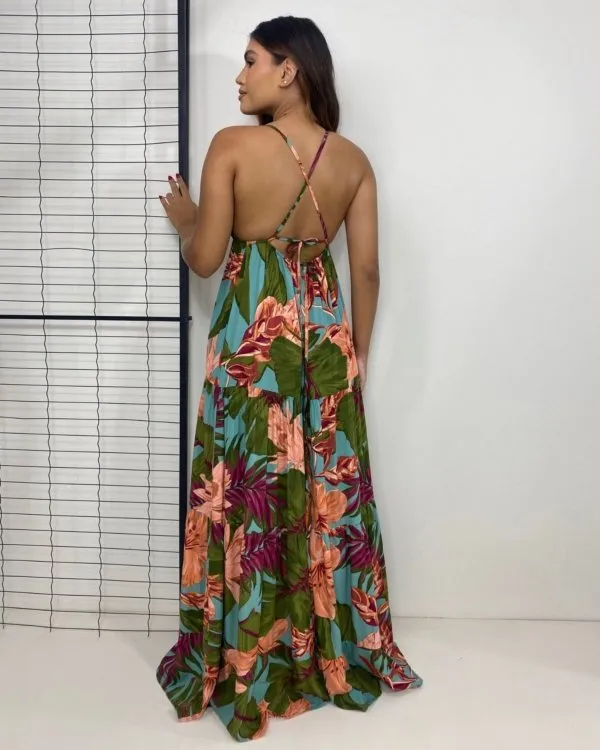 Vestido Sophia - Floral Fundo Azul Turquesa