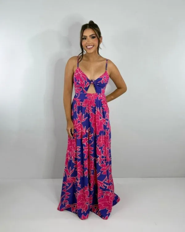 Vestido Cátia - Floral Fundo Azul