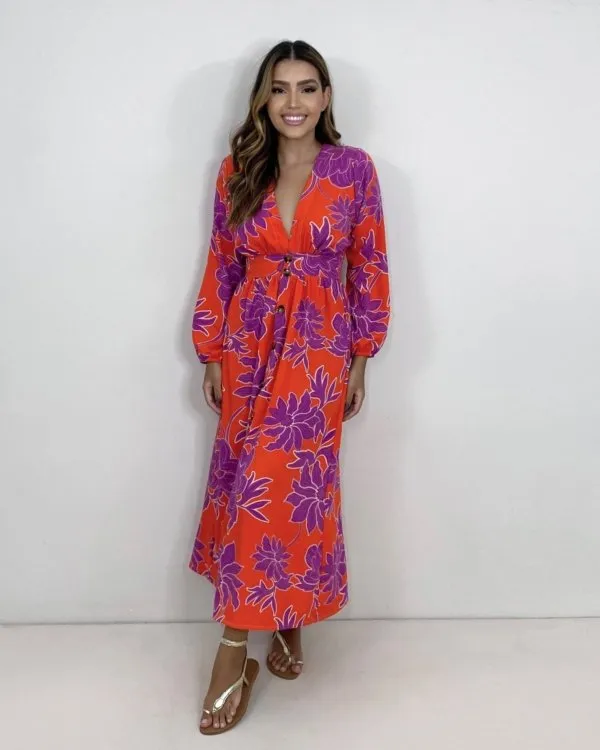 Vestido Clara - Floral Fundo Laranja