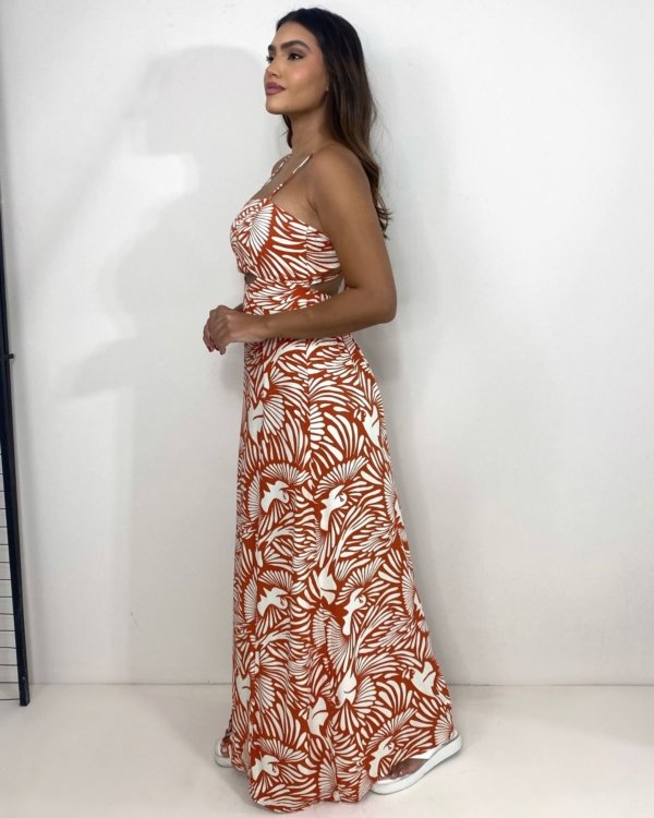Vestido Naiane Longo - Estampado Fundo Laranja