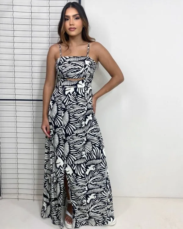 Vestido Naiane Longo - Estampado Fundo Preto
