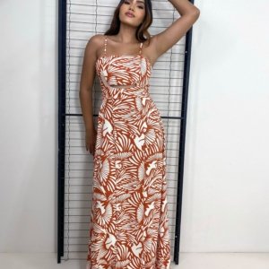 Vestido Naiane Longo - Estampado Fundo Laranja - Image 1