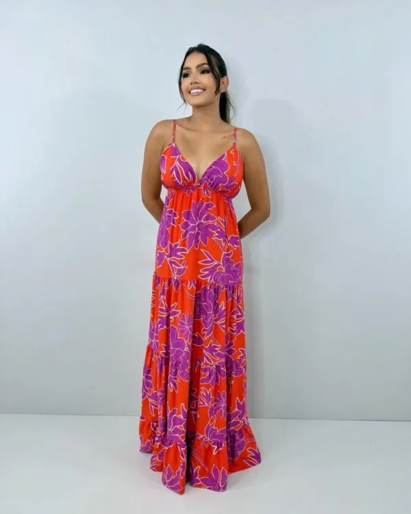 Vestido Sophia - Floral Fundo Laranja