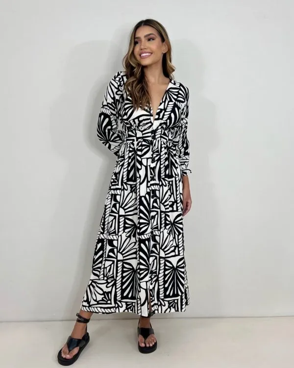 Vestido Clara - Estampa Folha Preta