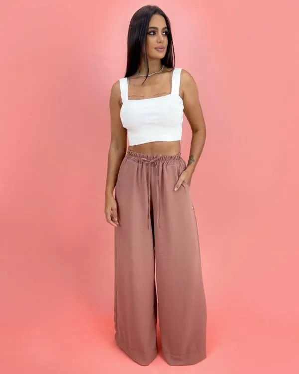 Calça Pantalona em Duna - Nude