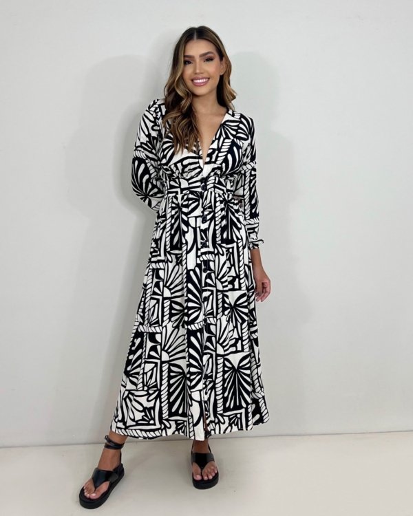 Vestido Clara - Estampa Folha Preta