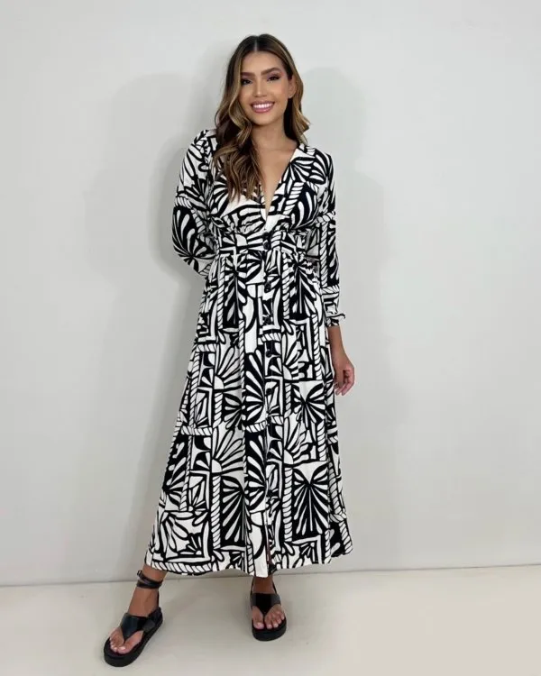 Vestido Clara - Estampa Folha Preta