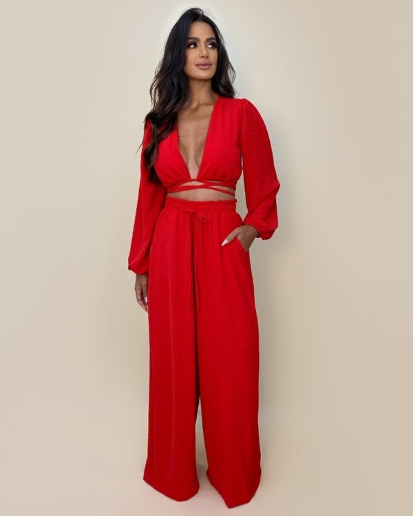 Calça Pantalona em Duna - Vermelho