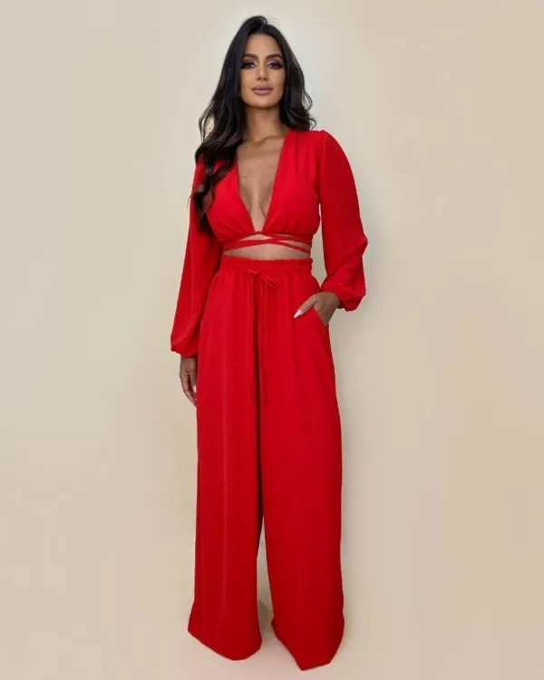 Calça Pantalona em Duna - Vermelho