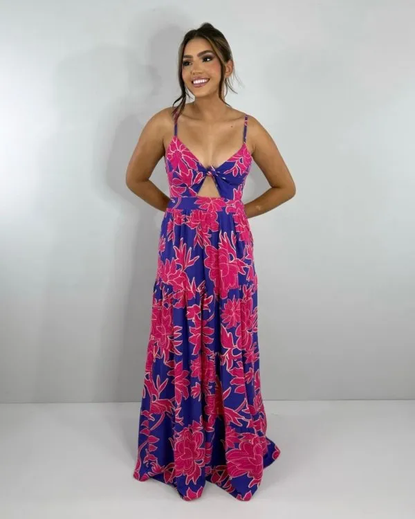 Vestido Cátia - Floral Fundo Azul