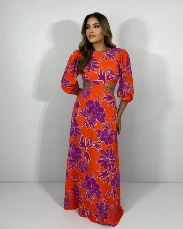 Vestido Giza - Floral Fundo Laranja