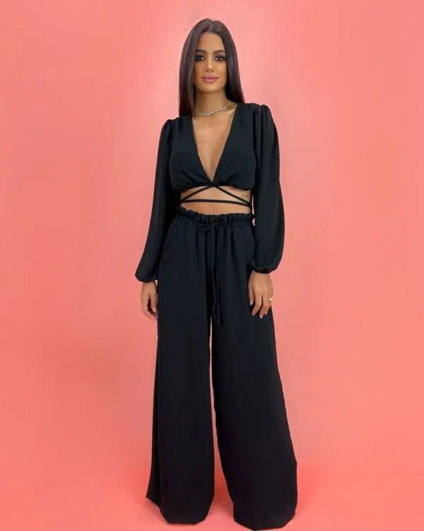 Calça Pantalona em Duna - Preto