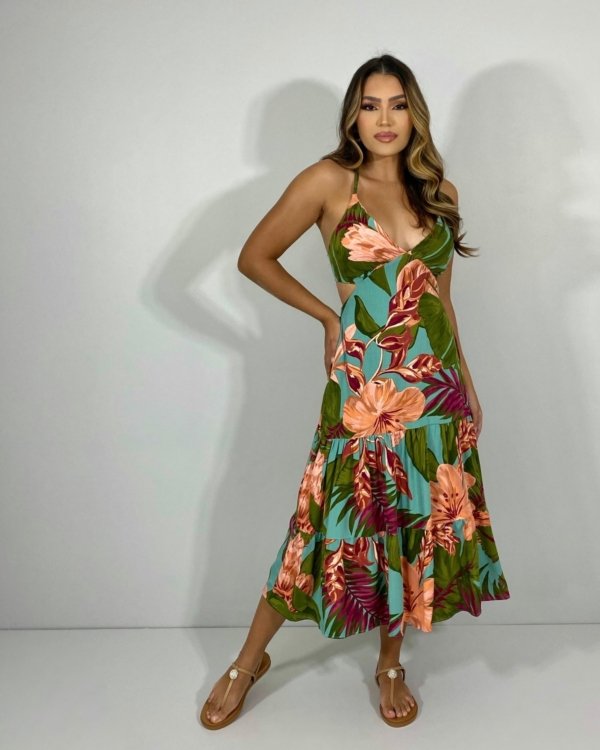 Vestido Chiara - Floral Fundo Azul Turquesa