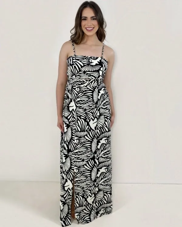 Vestido Naiane Longo - Estampado Fundo Preto