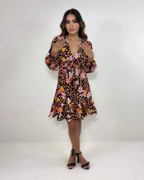 Vestido Lavínia - Primavera Fundo Preto