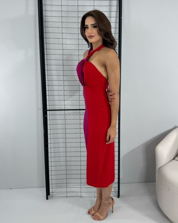 Vestido Sarah - Fúcsia Com Vermelho