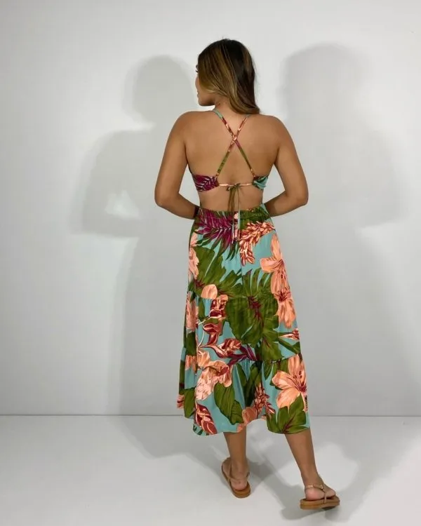 Vestido Chiara - Floral Fundo Azul Turquesa